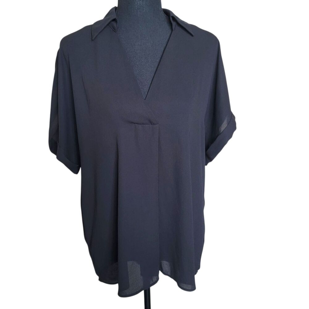 CAbi Black Short Sleeve V-Neck Blouse